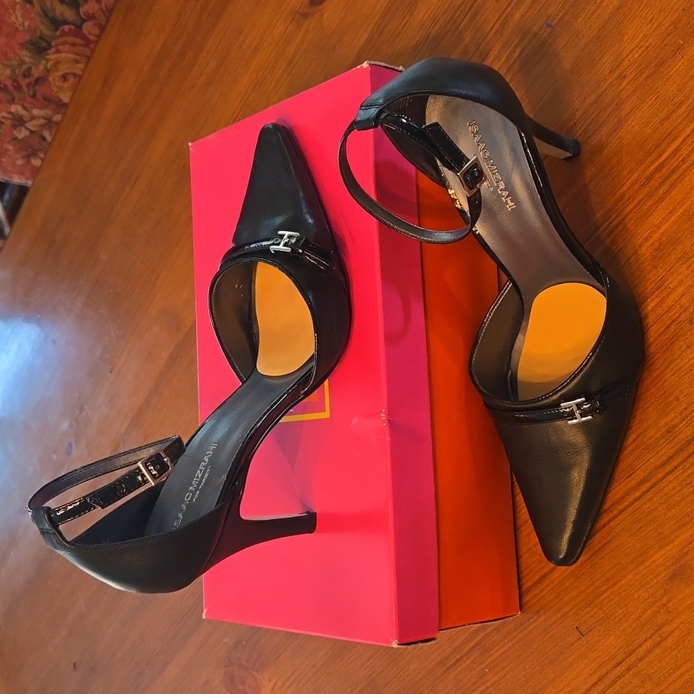 Isaac Mizrahi for Target black leather shoes. 3 inch high heels. Ankle strap.